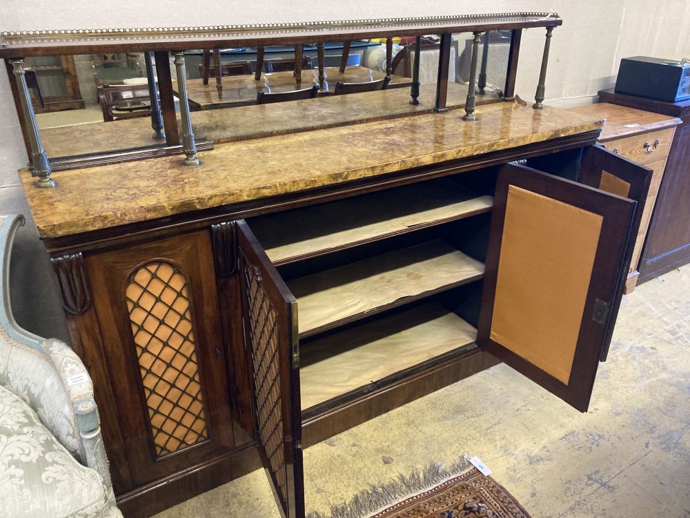 A William IV rosewood marble topped side cabinet, width 184cm, depth 45cm, height 129cm